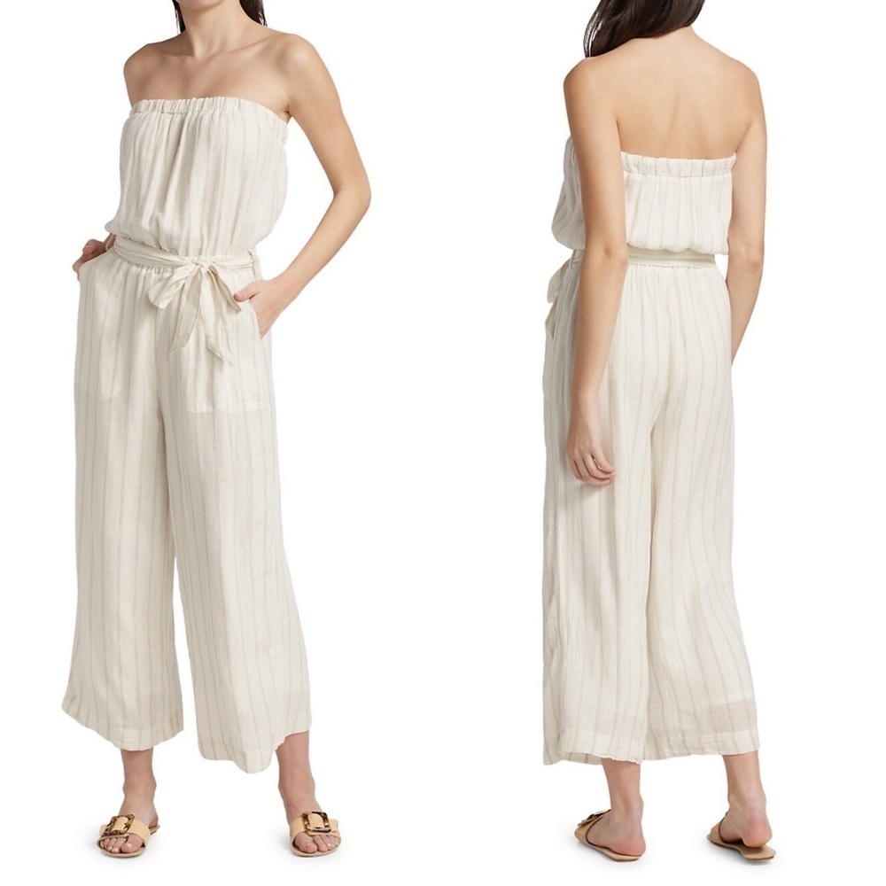 Splendid Ticking Linen Blend Strapless Jumpsuit Flaw Missing Strap see photos